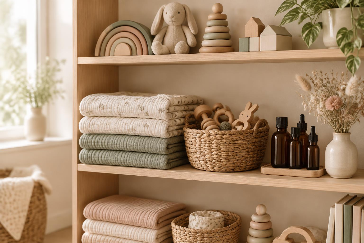 A styled boutique shelf with folded muslin blankets in cream and sage, a basket of wooden toys and dried flowers