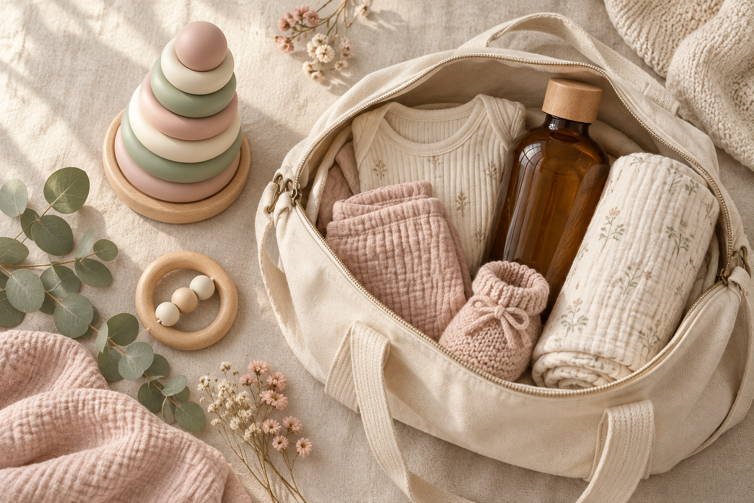 An open cream canvas tote being packed with folded baby clothes, a muslin swaddle, a laundry detergent bottle, a wooden teether and a stacking toy, on warm linen